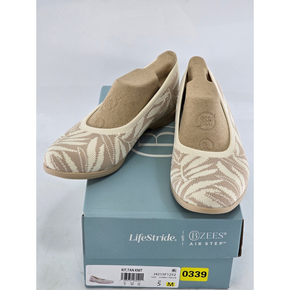 LifeStride BZees Kit Slip On Flats Women Size 5 M Tan Knit Leaf Print - New